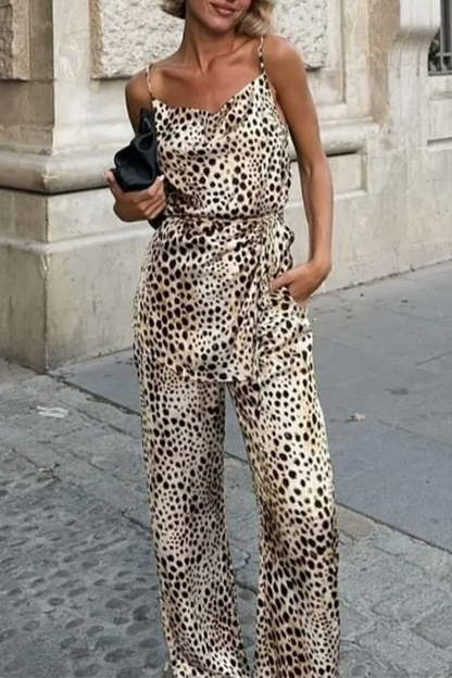 Conjunto de dos piezas con cuello en V, sin mangas, estampado de leopardo y encaje sexy
