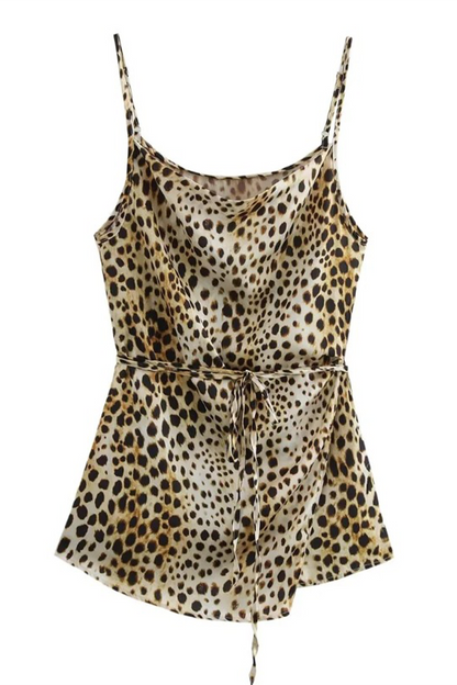 Conjunto de dos piezas con cuello en V, sin mangas, estampado de leopardo y encaje sexy