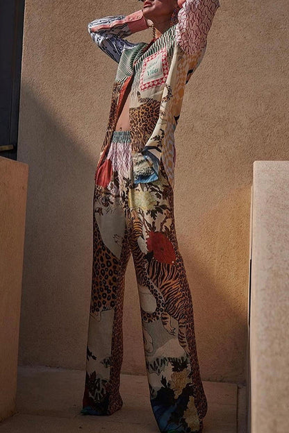 Conjunto informal de dos piezas con estampado de leopardo, botones, cuello vuelto en contraste, manga larga