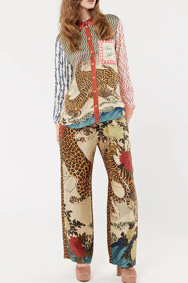 Conjunto informal de dos piezas con estampado de leopardo, botones, cuello vuelto en contraste, manga larga