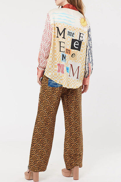 Conjunto informal de dos piezas con estampado de leopardo, botones, cuello vuelto en contraste, manga larga