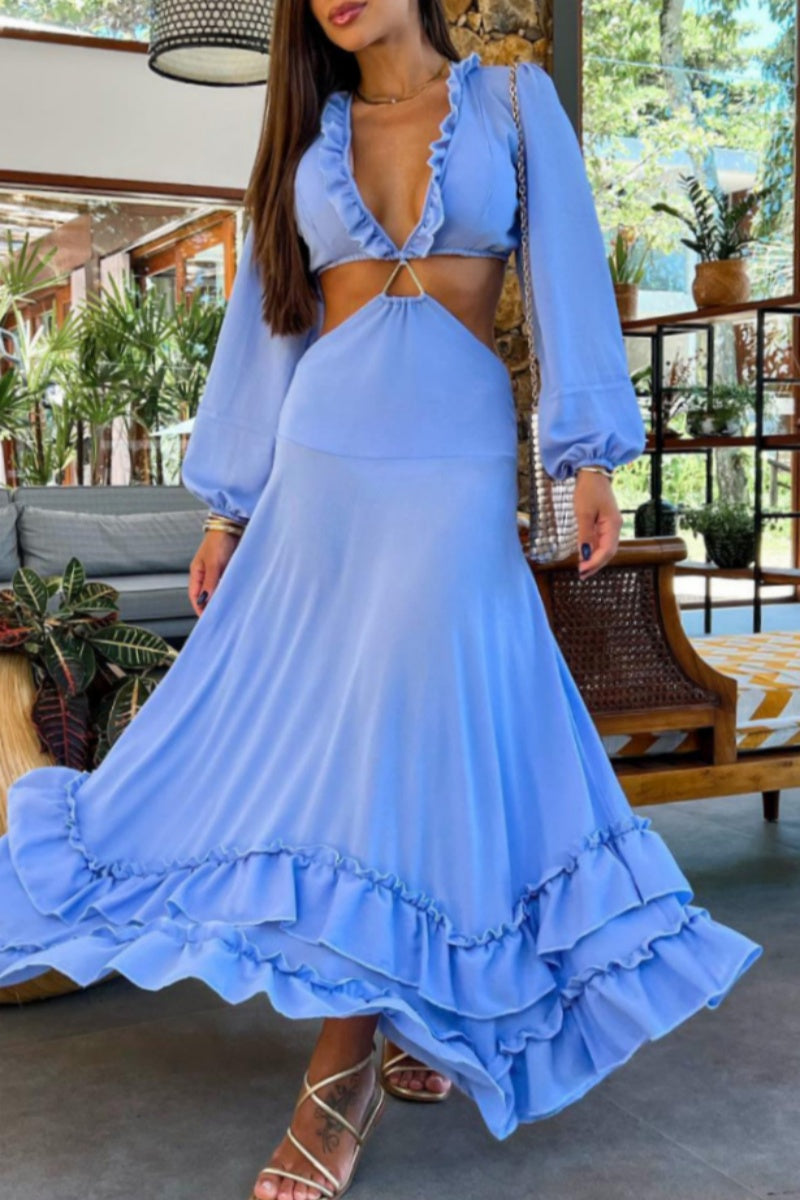 Vestidos largos sexys de vacaciones con escote en V profundo y calados