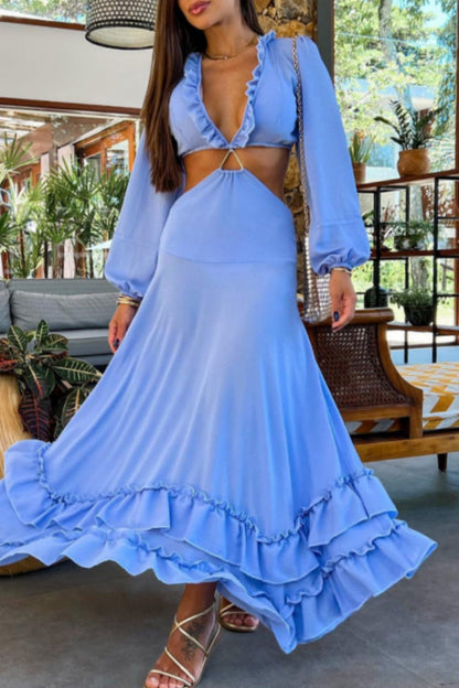 Vestidos largos sexys de vacaciones con escote en V profundo y calados