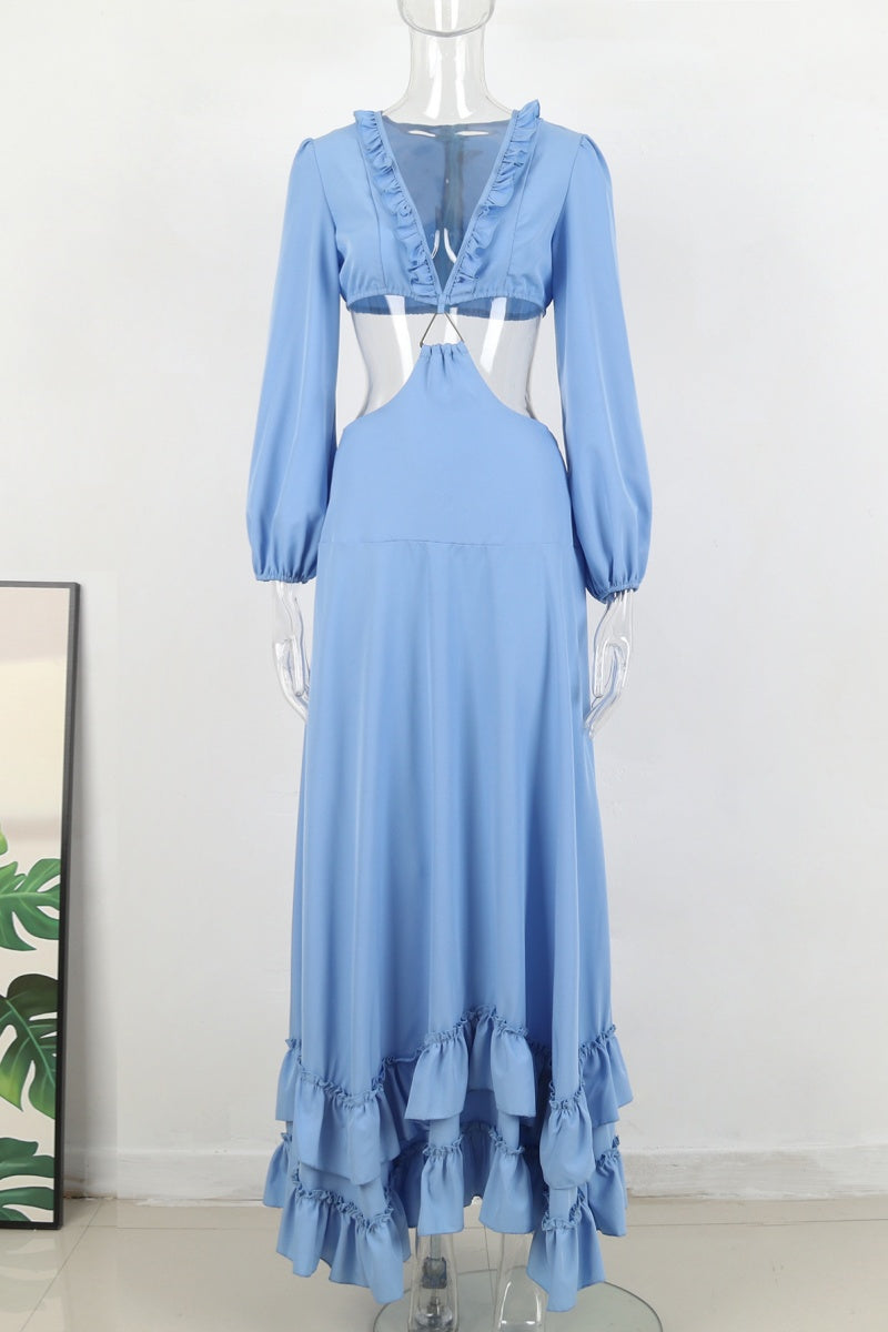 Vestidos largos sexys de vacaciones con escote en V profundo y calados