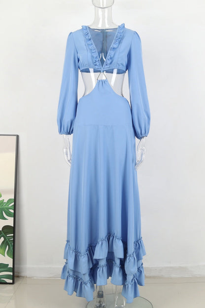 Vestidos largos sexys de vacaciones con escote en V profundo y calados