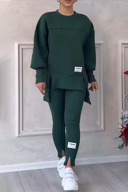 Conjunto informal de dos piezas con estampado de letras y patchwork, cuello redondo, manga larga (6 colores)