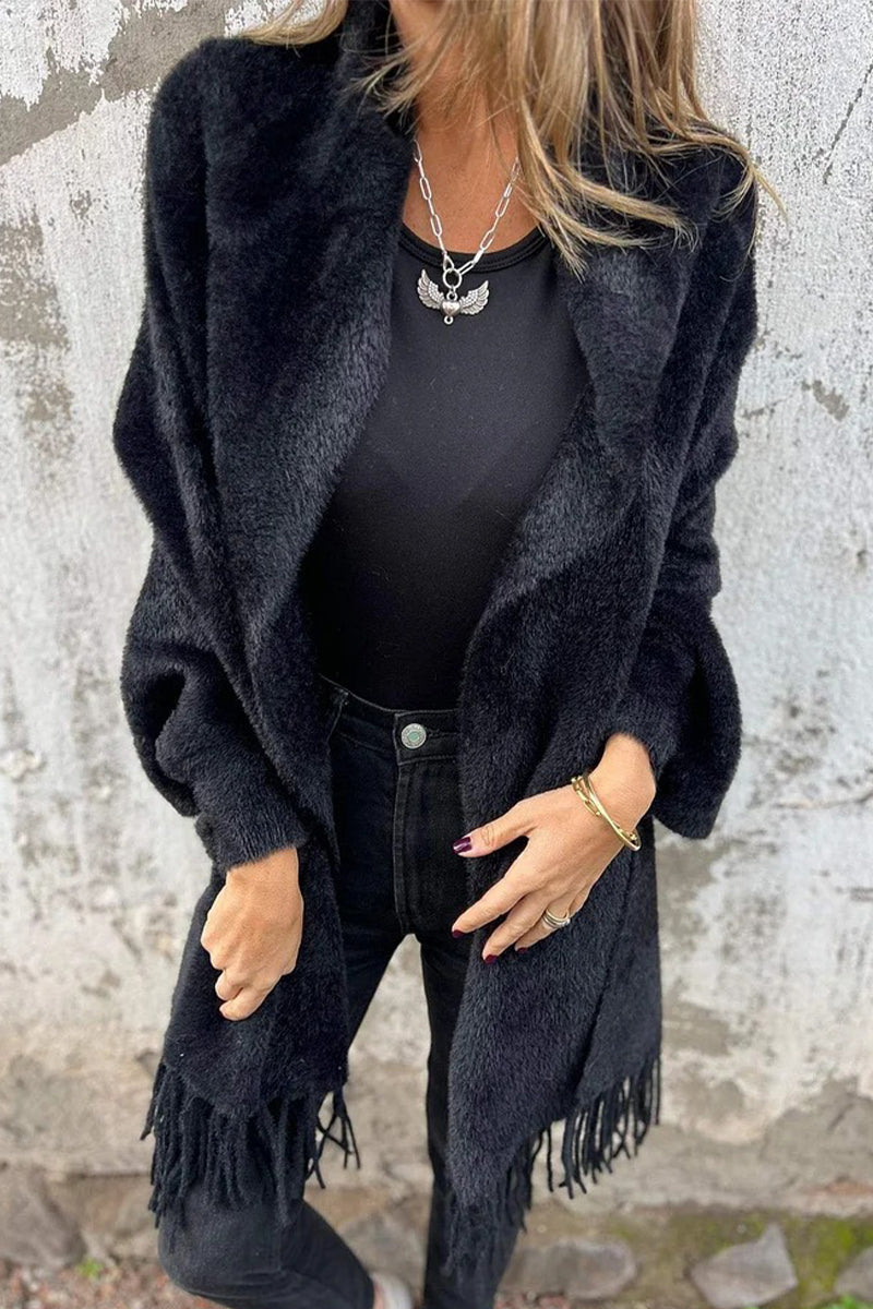 Prenda de abrigo informal con cuello chal esponjoso y ribete de flecos (3 colores)