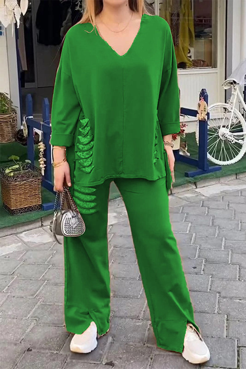 Conjunto informal de dos piezas con lentejuelas rasgadas, escote en V irregular, media manga (8 colores)