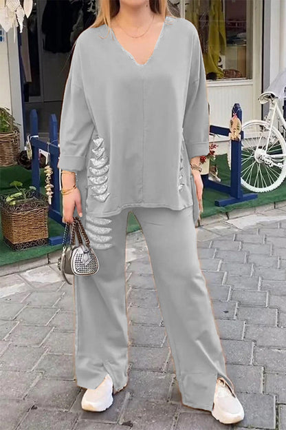 Conjunto informal de dos piezas con lentejuelas rasgadas, escote en V irregular, media manga (8 colores)