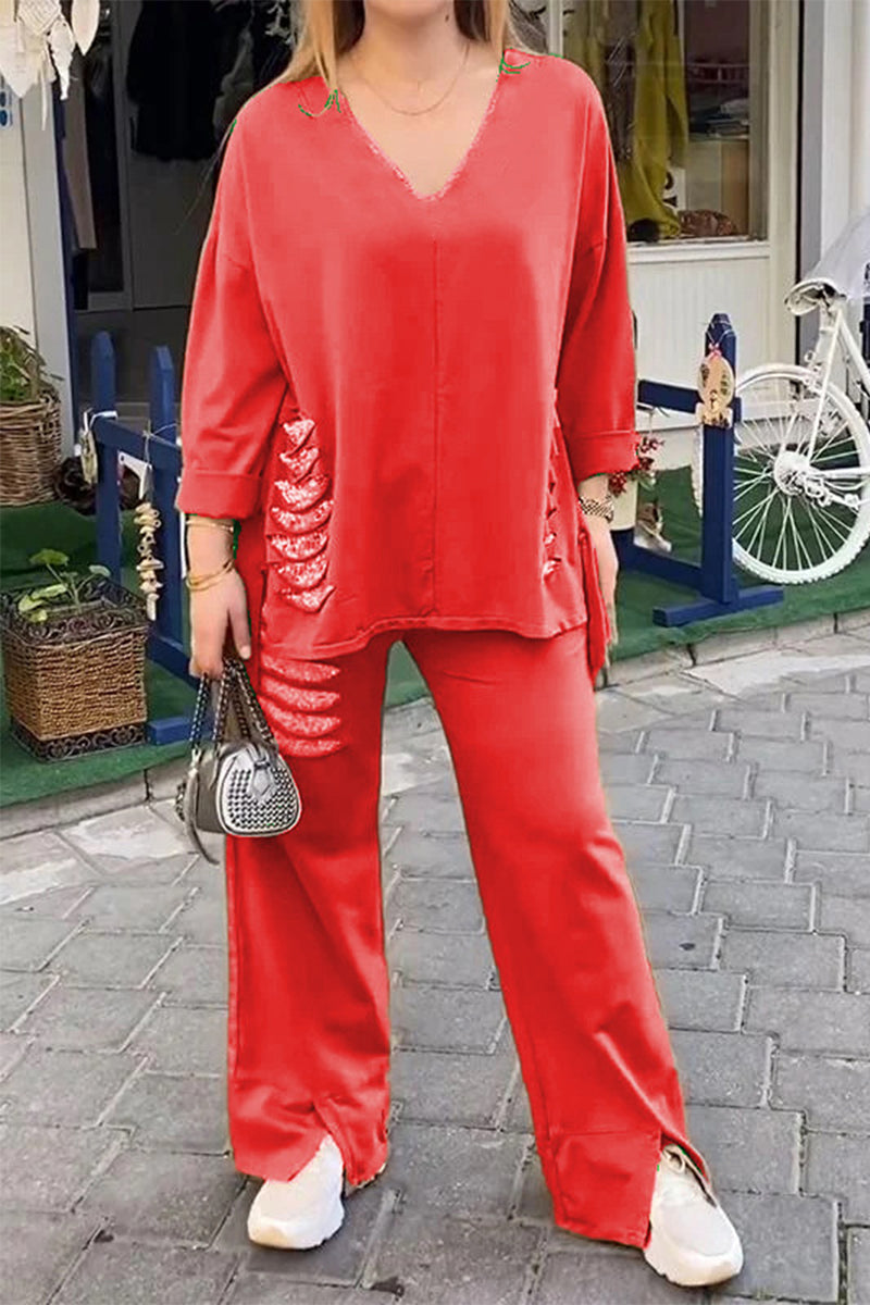 Conjunto informal de dos piezas con lentejuelas rasgadas, escote en V irregular, media manga (8 colores)