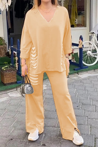 Conjunto informal de dos piezas con lentejuelas rasgadas, escote en V irregular, media manga (8 colores)
