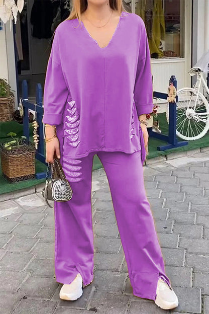 Conjunto informal de dos piezas con lentejuelas rasgadas, escote en V irregular, media manga (8 colores)
