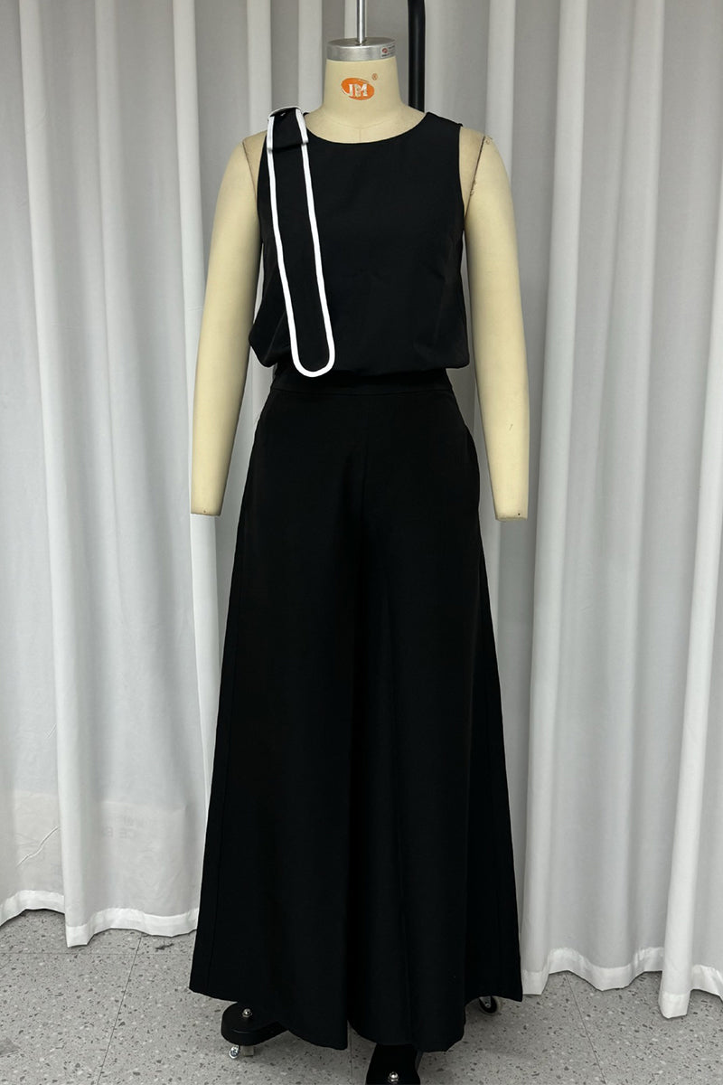 Conjunto informal de dos piezas sin mangas con cuello redondo y bolsillo con lazo decorativo para la calle