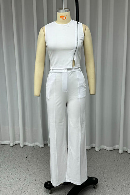 Conjunto informal de dos piezas con cuello redondo, sin mangas y bolsillo con cremallera para la calle