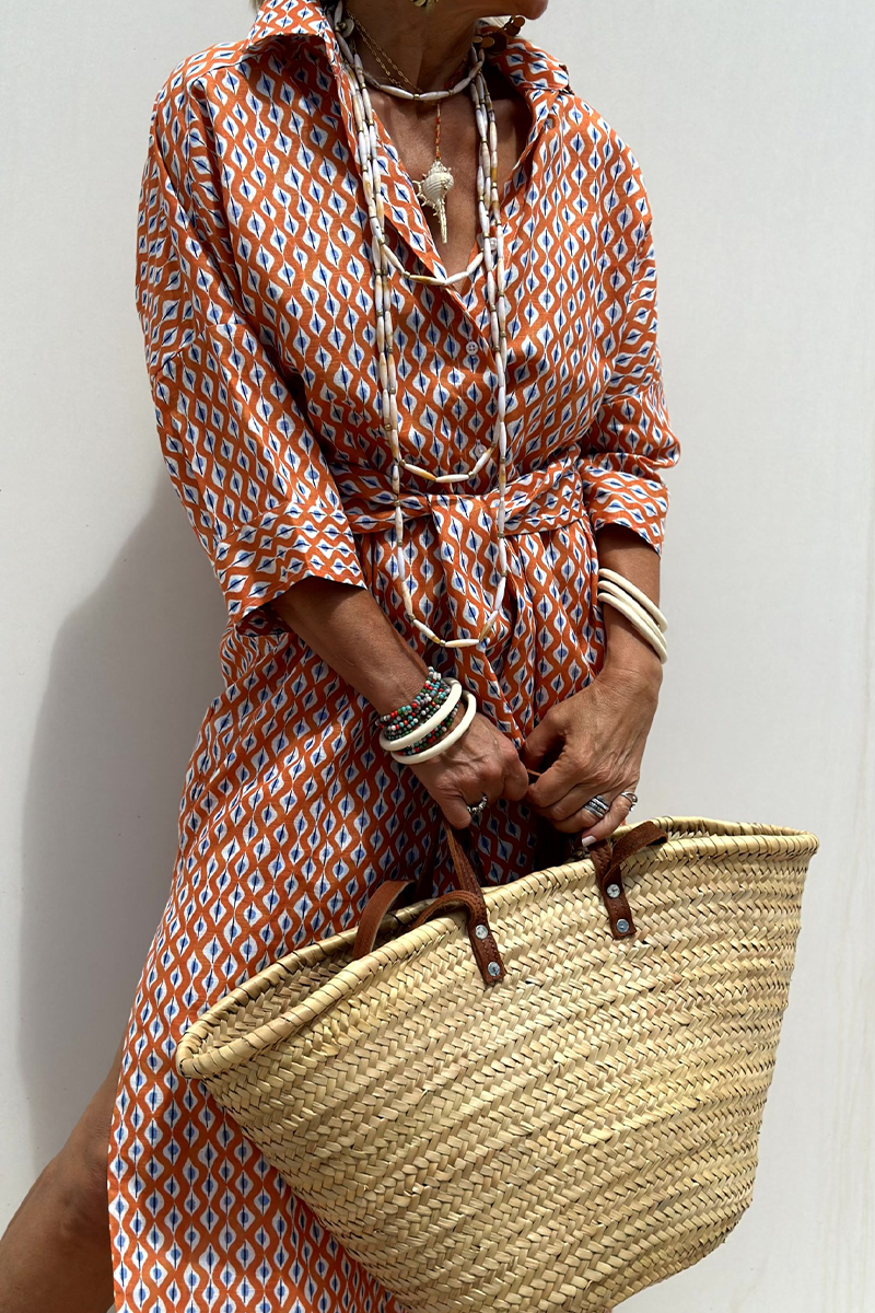 Casual Geometric Print Lace Up Buttons Turndown Collar Shirt Dresses