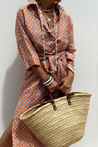 Casual Geometric Print Lace Up Buttons Turndown Collar Shirt Dresses