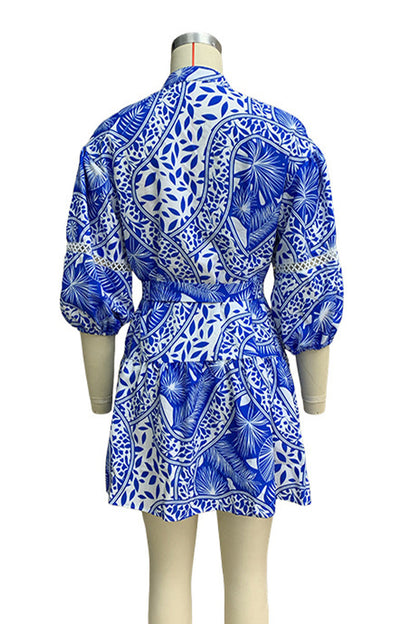 Casual Vacation Floral Print Lace Up Mandarin Collar Waist Skirt Dresses