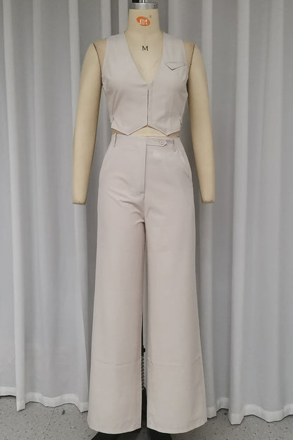 Conjunto informal de dos piezas con cuello en V, sin mangas y botones y bolsillos