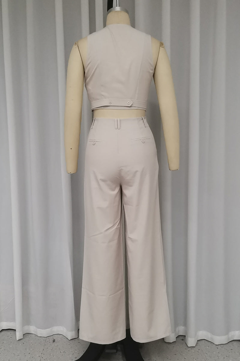 Conjunto informal de dos piezas con cuello en V, sin mangas y botones y bolsillos