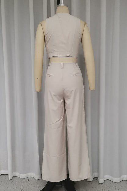 Conjunto informal de dos piezas con cuello en V, sin mangas y botones y bolsillos