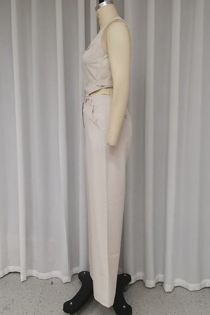 Conjunto informal de dos piezas con cuello en V, sin mangas y botones y bolsillos