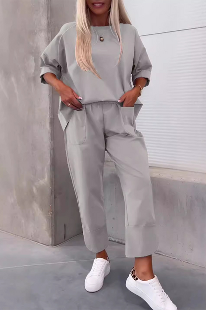 Conjunto informal de dos piezas con bolsillo, cuello redondo y manga larga (6 colores)