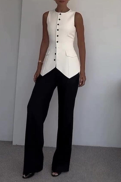 Conjunto de dos piezas sin mangas con cuello redondo y botones elegante para uso diario