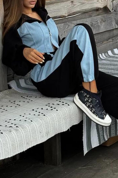 Conjunto deportivo de dos piezas con capucha, manga larga y contraste, con cremallera y patchwork (3 colores)