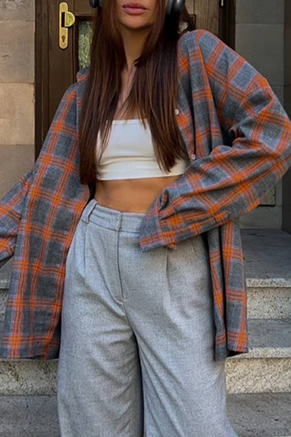 Blusa informal de calle con botones y bolsillos a cuadros, cuello vuelto en contraste (3 colores)