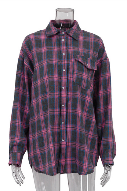 Blusa informal de calle con botones y bolsillos a cuadros, cuello vuelto en contraste (3 colores)