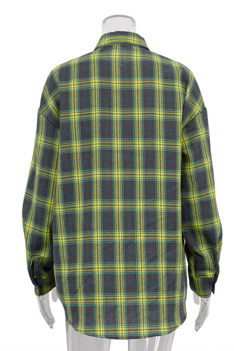 Blusa informal de calle con botones y bolsillos a cuadros, cuello vuelto en contraste (3 colores)