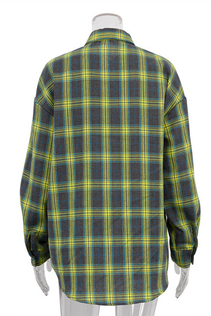 Blusa informal de calle con botones y bolsillos a cuadros, cuello vuelto en contraste (3 colores)
