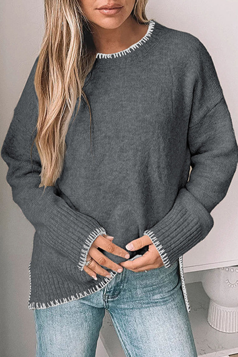 Casual Daily Solid Color Patchwork Contrast O Neck Sweaters(3 Colors)