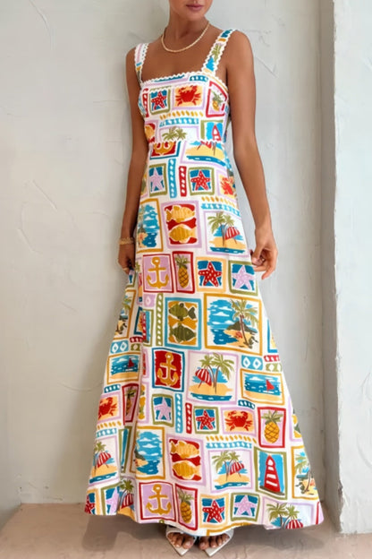 Vestidos largos casuales con cuello cuadrado y espalda descubierta con estampado