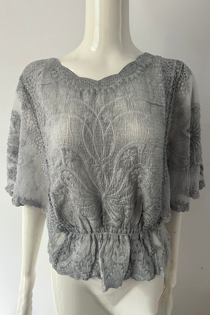 Blusas casuales de encaje de color liso con cuello redondo (5 colores)