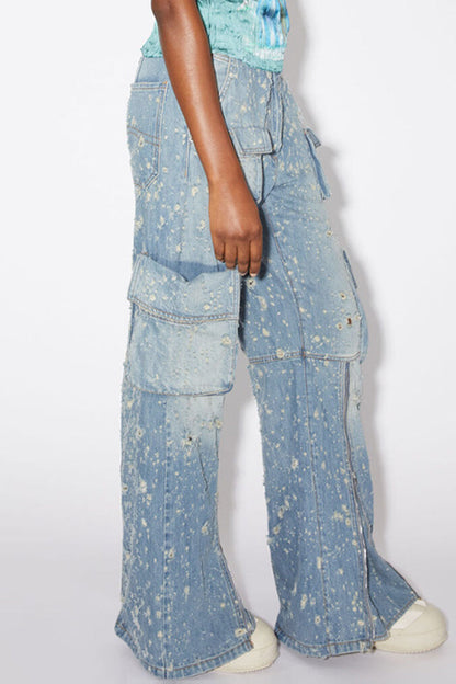 Vaqueros rectos informales con cremallera y bolsillos rotos y patchwork