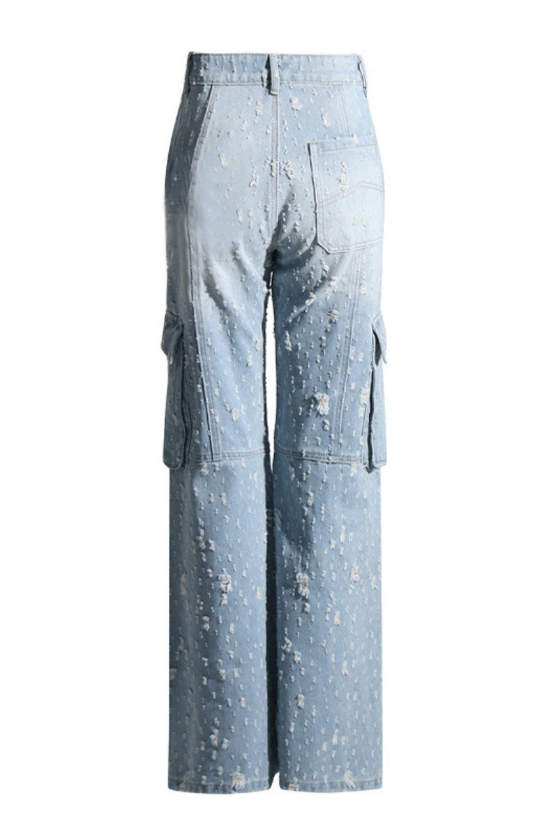 Vaqueros rectos informales con cremallera y bolsillos rotos y patchwork