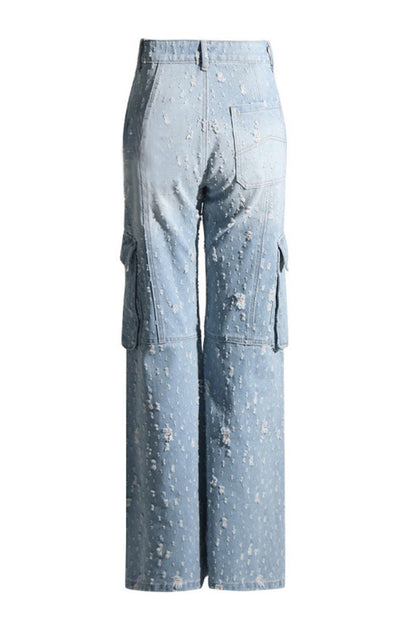 Vaqueros rectos informales con cremallera y bolsillos rotos y patchwork