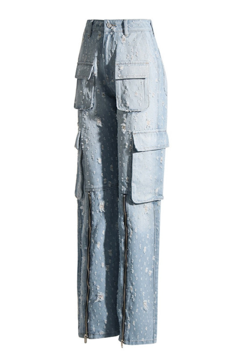 Vaqueros rectos informales con cremallera y bolsillos rotos y patchwork