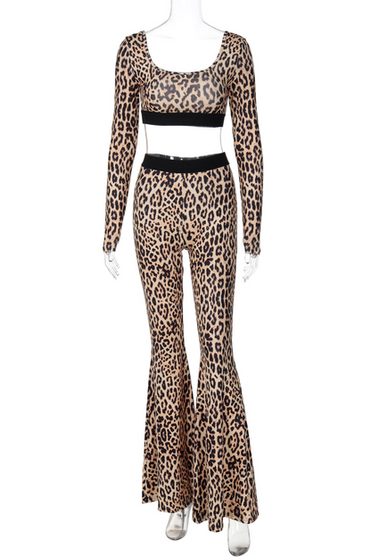 Conjunto de dos piezas de manga larga con cuello en U y parches de leopardo estilo callejero sexy