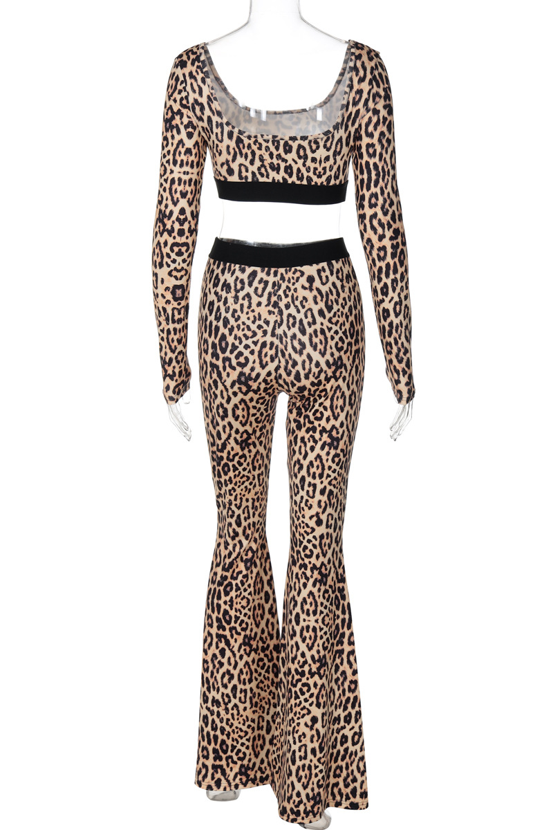 Conjunto de dos piezas de manga larga con cuello en U y parches de leopardo estilo callejero sexy