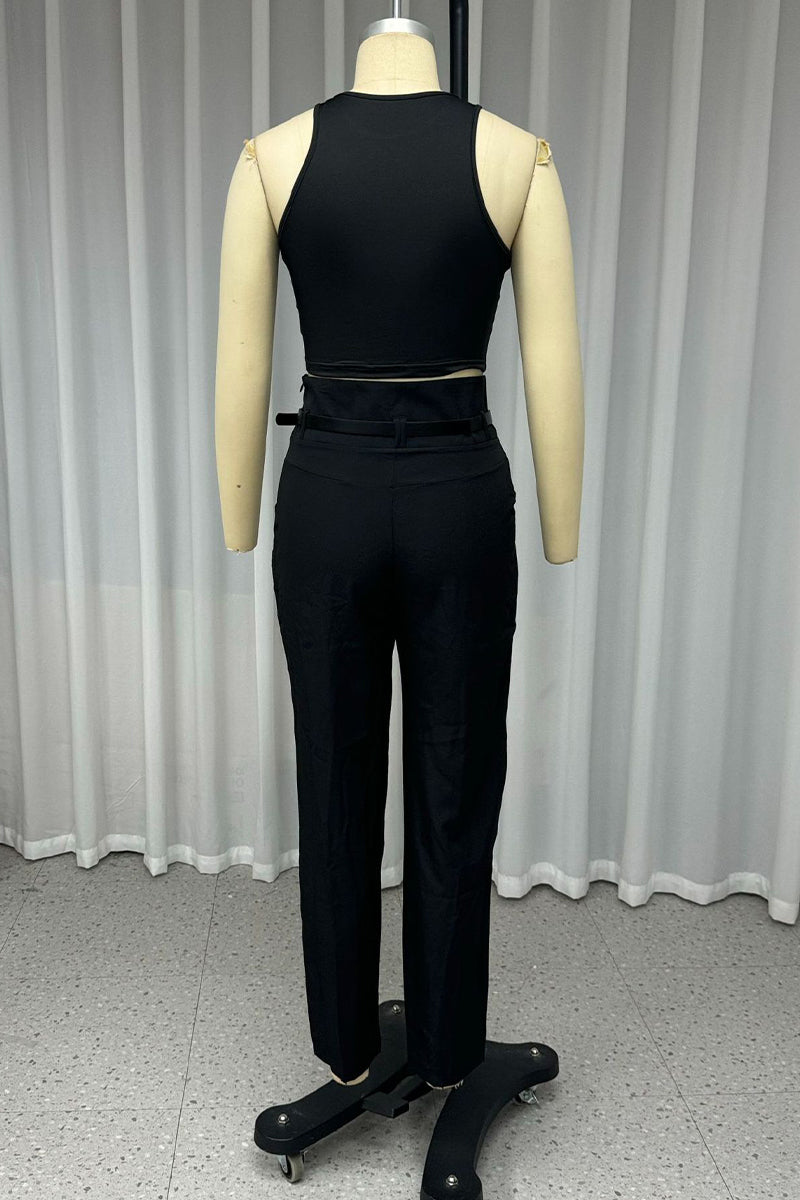 Conjunto informal de dos piezas con bolsillo y cinturón, cuello redondo, sin mangas