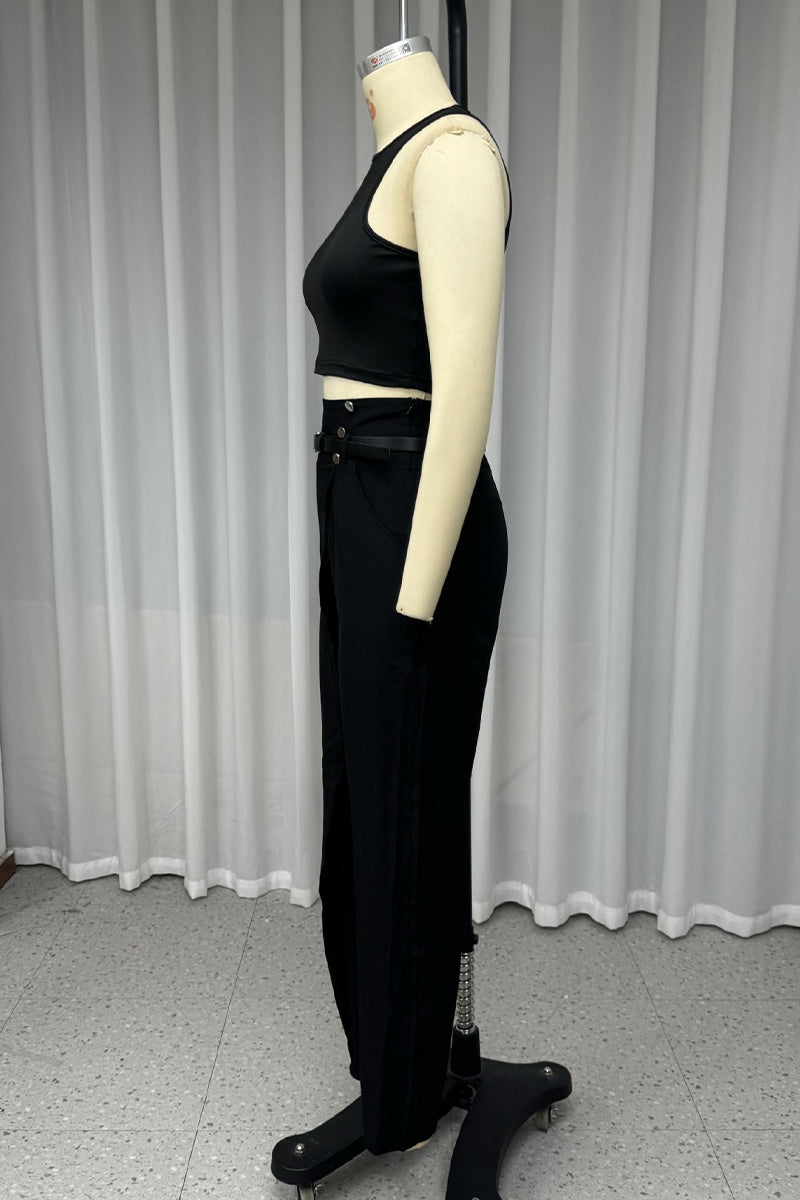 Conjunto informal de dos piezas con bolsillo y cinturón, cuello redondo, sin mangas
