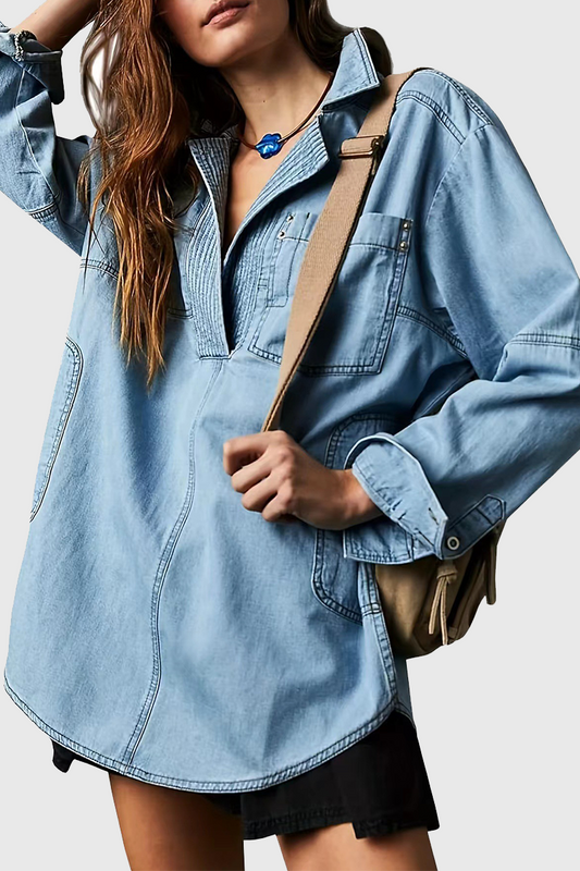Chaqueta vaquera informal holgada de manga larga con cuello vuelto y bolsillos desgastados (4 colores)