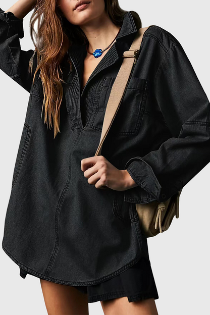 Chaqueta vaquera informal holgada de manga larga con cuello vuelto y bolsillos desgastados (4 colores)