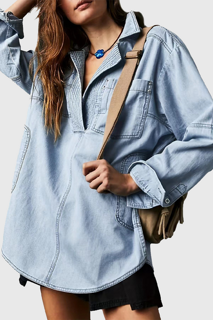 Chaqueta vaquera informal holgada de manga larga con cuello vuelto y bolsillos desgastados (4 colores)