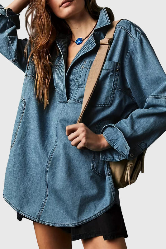 Chaqueta vaquera informal holgada de manga larga con cuello vuelto y bolsillos desgastados (4 colores)