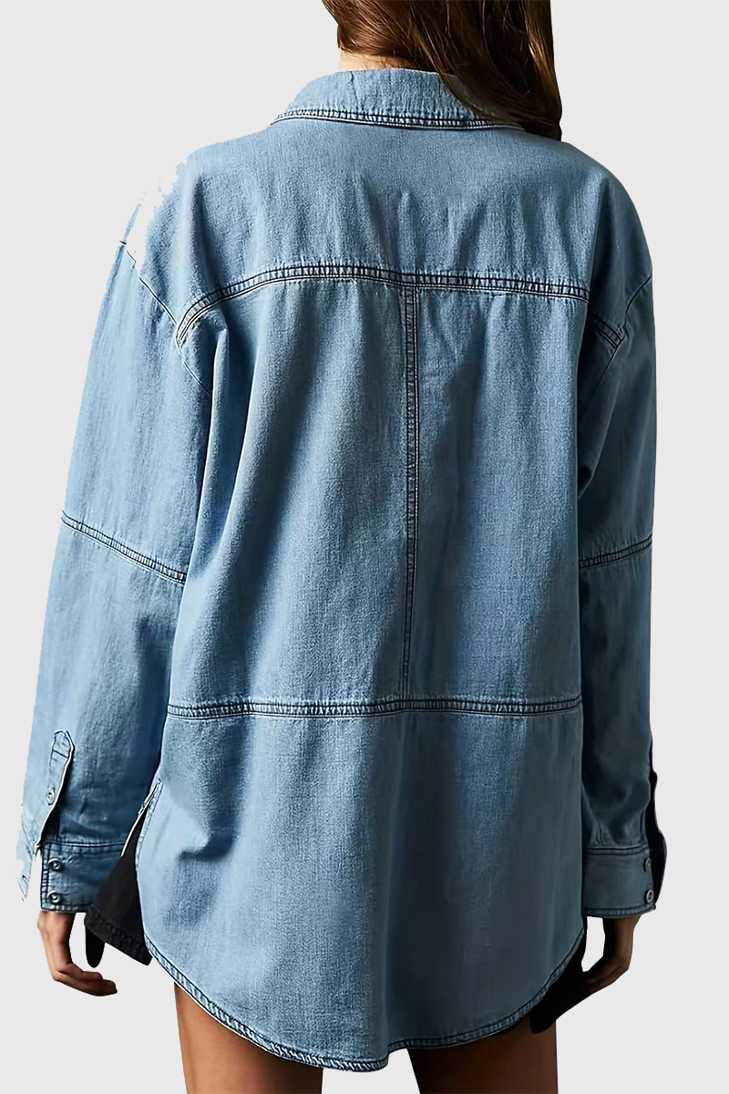 Chaqueta vaquera informal holgada de manga larga con cuello vuelto y bolsillos desgastados (4 colores)