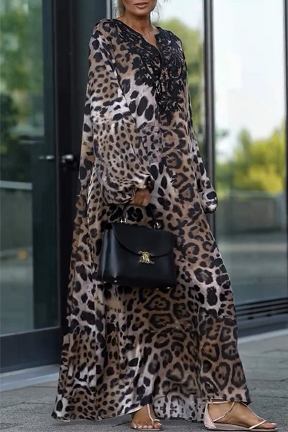 Vestidos largos casuales de calle con estampado de leopardo y cuello en V
