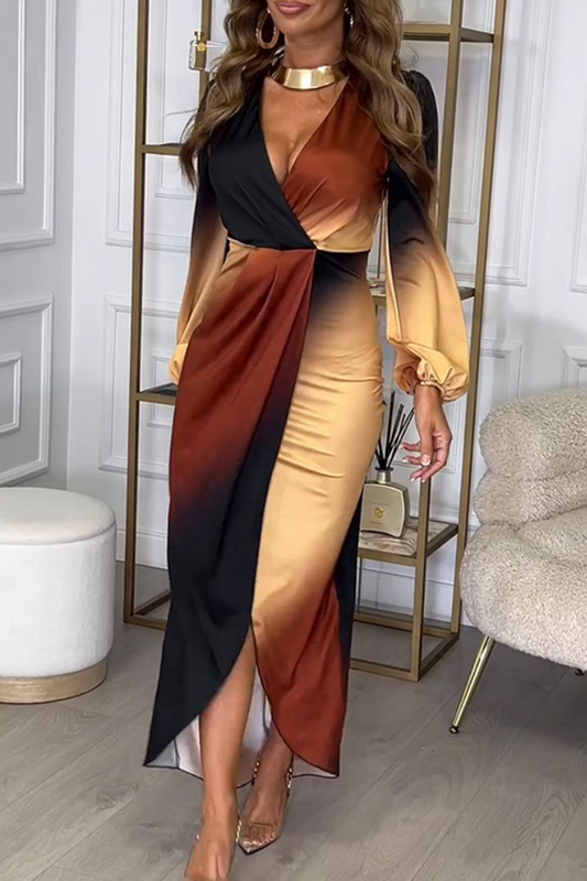 Elegant Gradient Color Irregular Contrast V Neck One Step Skirt Dresses
